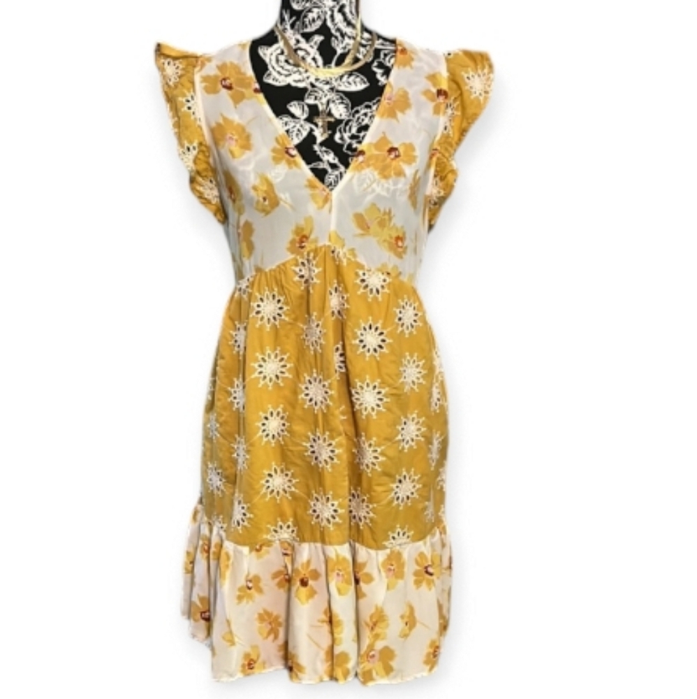 CODE X MODE Eyelet Lace Flaoral Ruffle Baby Doll V-Neck Pocket Mini Dress EUC
